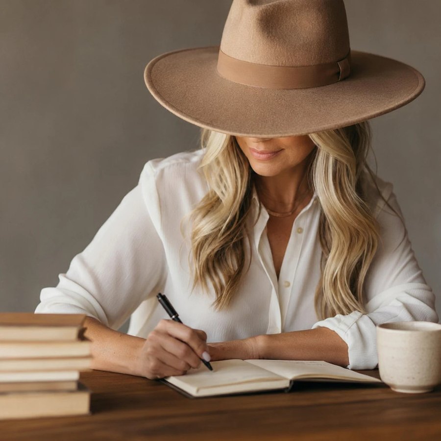 Maeser, writing at a desk in a wide-brim hat.